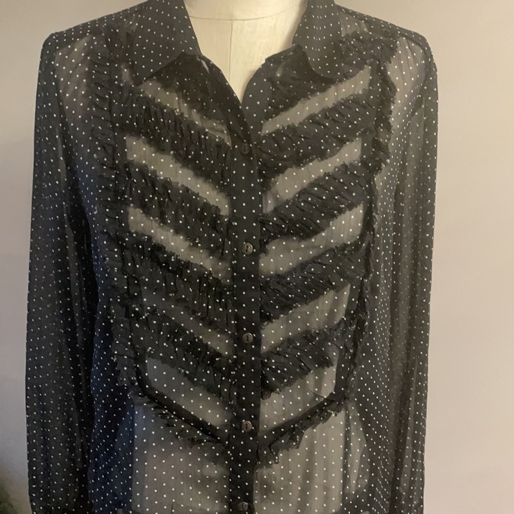 FREE PEOPLE women’s polka dot sheet RUFFLED button up blouse whtite black Small - Picture 3 of 11